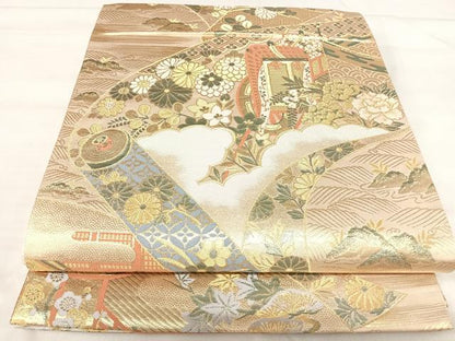 平和屋着物◎六通柄袋帯　唐織　御所車絵巻花文　九百錦　金糸　正絹　逸品　AABJ0397yx