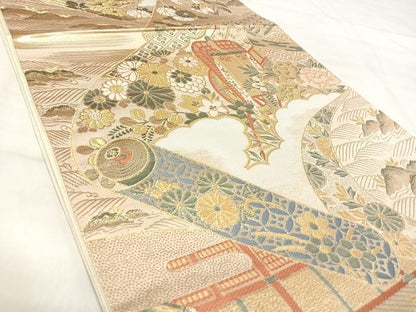 平和屋着物◎六通柄袋帯　唐織　御所車絵巻花文　九百錦　金糸　正絹　逸品　AABJ0397yx