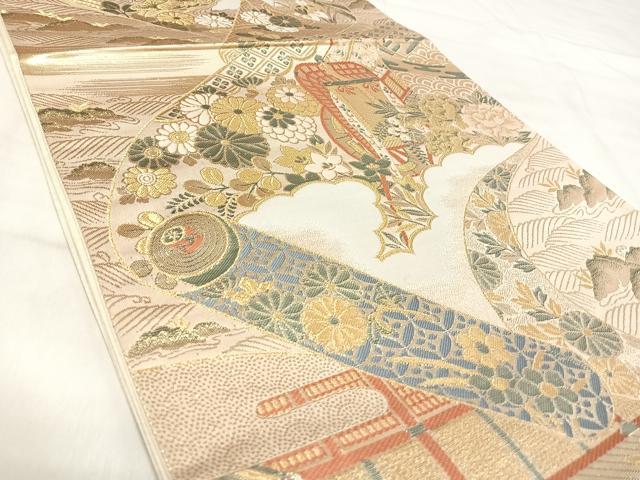 平和屋着物◎六通柄袋帯　唐織　御所車絵巻花文　九百錦　金糸　正絹　逸品　AABJ0397yx