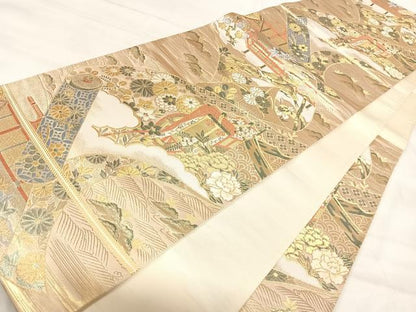 平和屋着物◎六通柄袋帯　唐織　御所車絵巻花文　九百錦　金糸　正絹　逸品　AABJ0397yx
