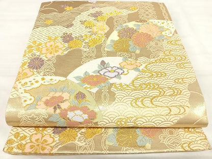 平和屋着物◎六通柄袋帯　唐織　地紙花文　金糸　正絹　逸品　AABJ0401yx