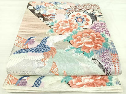 平和屋着物◎六通柄袋帯　唐織　花鳥鼓文　銀糸　正絹　逸品　AABJ0403yx