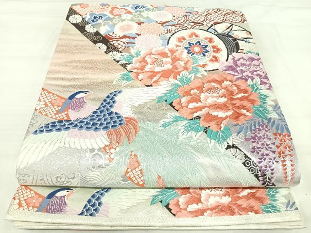 平和屋着物◎六通柄袋帯　唐織　花鳥鼓文　銀糸　正絹　逸品　AABJ0403yx