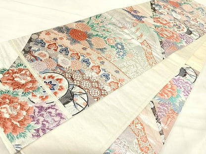 平和屋着物◎六通柄袋帯　唐織　花鳥鼓文　銀糸　正絹　逸品　AABJ0403yx