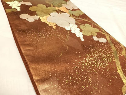 平和屋着物◎太鼓柄袋帯　刺繍　葡萄唐草文　金銀彩　正絹　逸品　AABJ0413yx
