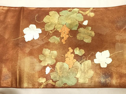 平和屋着物◎太鼓柄袋帯　刺繍　葡萄唐草文　金銀彩　正絹　逸品　AABJ0413yx