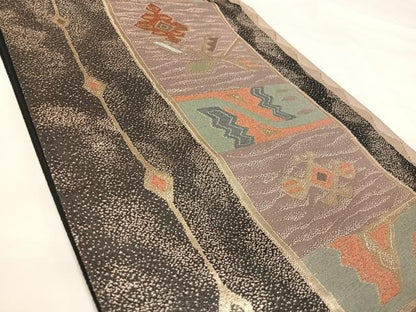 平和屋着物◎六通柄袋帯　幾何学花文　金銀糸　正絹　逸品　AABJ0416yx