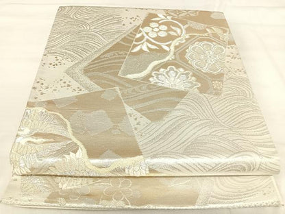 平和屋着物◎六通柄袋帯　色紙重ね花文　銀糸　正絹　逸品　AABJ0417yx