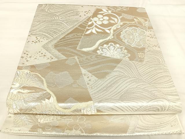 平和屋着物◎六通柄袋帯　色紙重ね花文　銀糸　正絹　逸品　AABJ0417yx