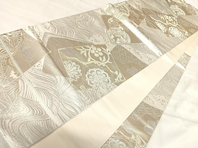 平和屋着物◎六通柄袋帯　色紙重ね花文　銀糸　正絹　逸品　AABJ0417yx