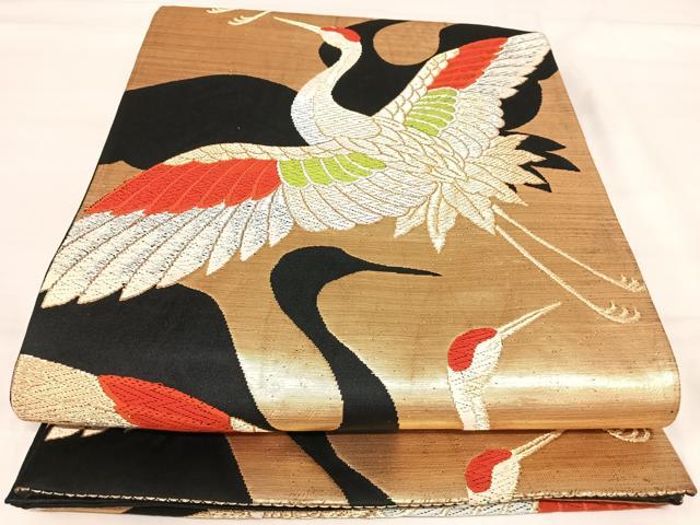 平和屋着物◎六通柄袋帯　唐織　飛鶴文　黒地　金銀糸　正絹　逸品　AABJ0418yx
