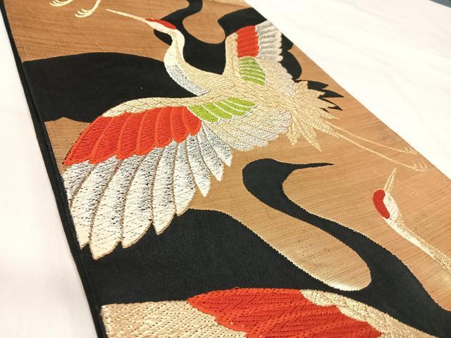 平和屋着物◎六通柄袋帯　唐織　飛鶴文　黒地　金銀糸　正絹　逸品　AABJ0418yx