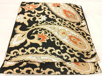 平和屋着物◎六通柄京袋帯　唐織　更紗唐草文　黒地　金糸　正絹　逸品　AABJ0422yx