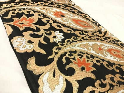 平和屋着物◎六通柄京袋帯　唐織　更紗唐草文　黒地　金糸　正絹　逸品　AABJ0422yx