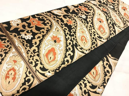 平和屋着物◎六通柄京袋帯　唐織　更紗唐草文　黒地　金糸　正絹　逸品　AABJ0422yx