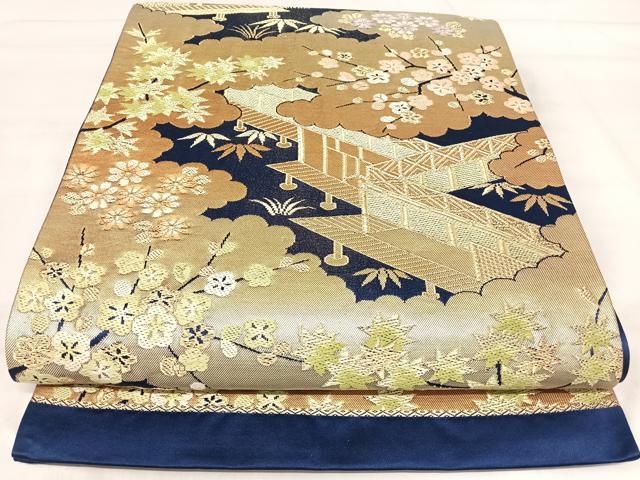 平和屋着物◎六通柄袋帯　唐織　風景花文　金銀糸　正絹　逸品　AABJ0425yx