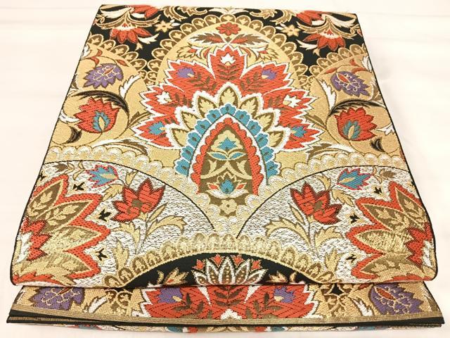 平和屋着物◎六通柄袋帯　唐織　更紗花文　黒地　金糸　正絹　逸品　AABJ0427yx