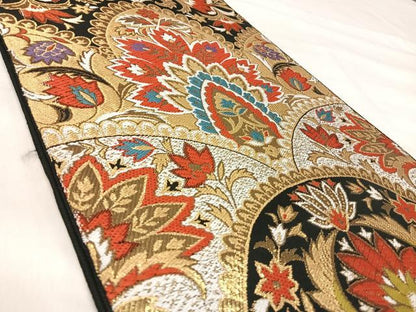 平和屋着物◎六通柄袋帯　唐織　更紗花文　黒地　金糸　正絹　逸品　AABJ0427yx