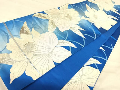平和屋着物◎六通柄袋帯　唐織　草花文　銀糸　正絹　逸品　AABJ0431yx