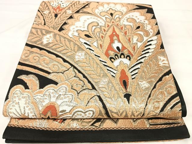 平和屋着物◎六通柄袋帯　唐織　更紗花文　黒地　金糸　正絹　逸品　AABJ0432yx