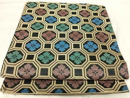 平和屋着物◎六通柄袋帯　蜀江花文　黒地　金糸　正絹　逸品　AABJ0434yx
