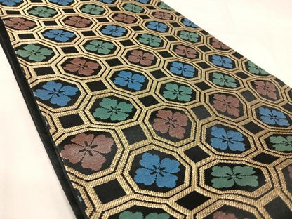 平和屋着物◎六通柄袋帯　蜀江花文　黒地　金糸　正絹　逸品　AABJ0434yx