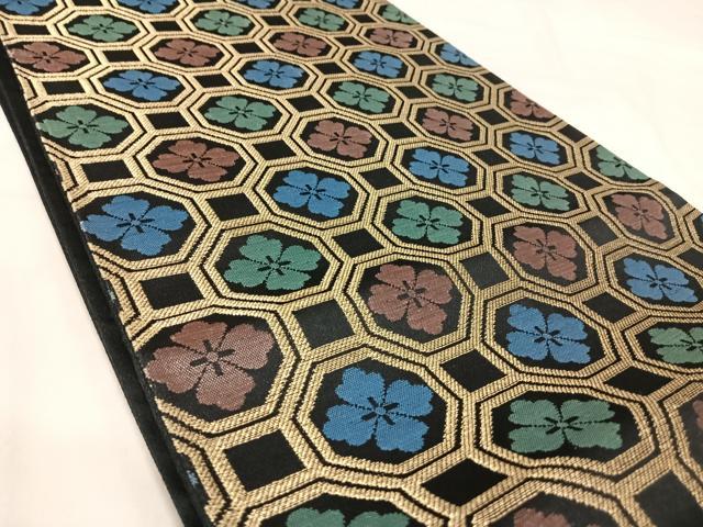 平和屋着物◎六通柄袋帯　蜀江花文　黒地　金糸　正絹　逸品　AABJ0434yx