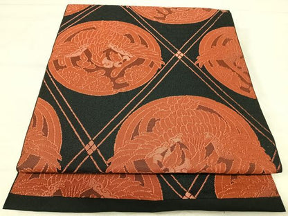 平和屋着物◎六通柄　本袋帯　鳳凰丸文　黒地　正絹　逸品　AABJ0436yx