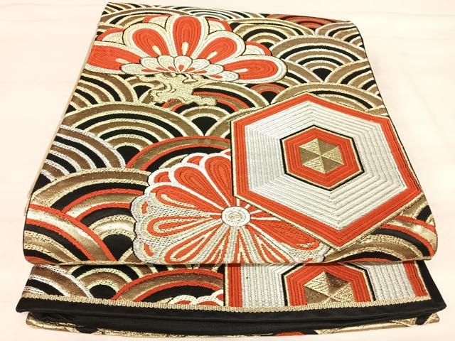 平和屋着物◎六通柄袋帯　唐織　亀甲花文　黒地　金銀糸　正絹　逸品　AABJ0437yx
