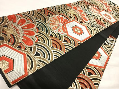 平和屋着物◎六通柄袋帯　唐織　亀甲花文　黒地　金銀糸　正絹　逸品　AABJ0437yx