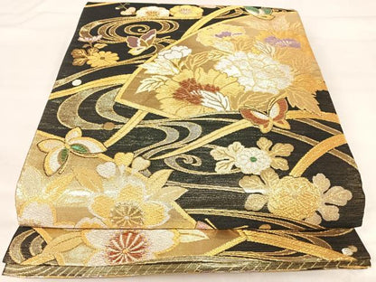 平和屋着物◎佐賀錦　両面　六通柄袋帯　花蝶文　黒地　金銀糸　正絹　逸品　AABJ0439yx