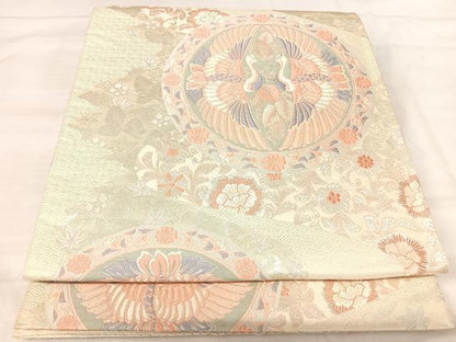 平和屋着物◎六通柄袋帯　唐織　双鶴丸文　銀糸　正絹　逸品　AABJ0440yx