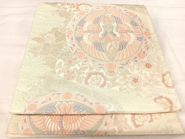 平和屋着物◎六通柄袋帯　唐織　双鶴丸文　銀糸　正絹　逸品　AABJ0440yx