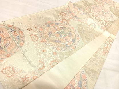 平和屋着物◎六通柄袋帯　唐織　双鶴丸文　銀糸　正絹　逸品　AABJ0440yx