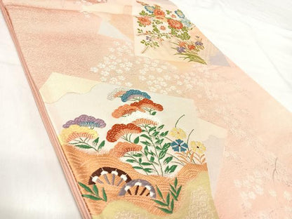 平和屋着物◎六通柄袋帯　唐織　草花文　銀糸　正絹　逸品　AABJ0450yx