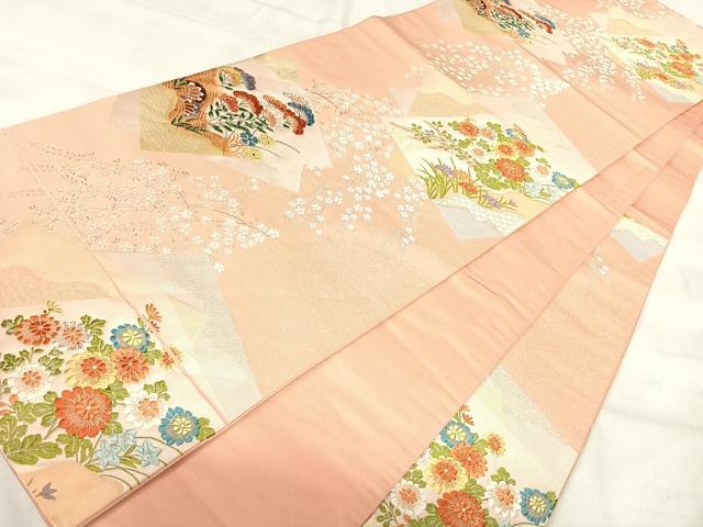 平和屋着物◎六通柄袋帯　唐織　草花文　銀糸　正絹　逸品　AABJ0450yx