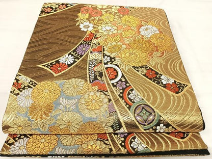 平和屋着物◎六通柄袋帯　唐織　鬘帯花丸文　金銀糸　正絹　逸品　AABJ0455yx