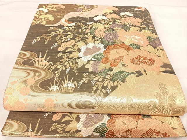 平和屋着物◎六通柄袋帯　唐織　飛鶴花蝶文　金糸　正絹　逸品　AABJ0461yx