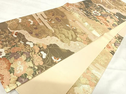 平和屋着物◎六通柄袋帯　唐織　飛鶴花蝶文　金糸　正絹　逸品　AABJ0461yx