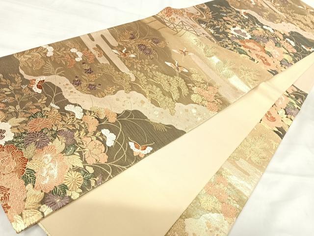 平和屋着物◎六通柄袋帯　唐織　飛鶴花蝶文　金糸　正絹　逸品　AABJ0461yx