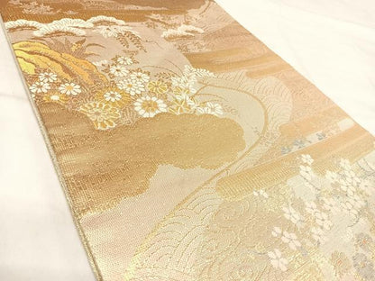 平和屋着物◎六通柄袋帯　雲取り花文　金糸　正絹　逸品　AABJ0462yx