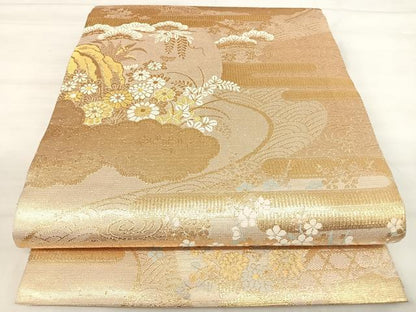 平和屋着物◎六通柄袋帯　雲取り花文　金糸　正絹　逸品　AABJ0462yx