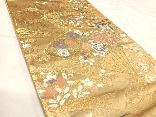 平和屋着物◎六通柄袋帯　唐織　扇面草花文　金糸　正絹　逸品　AABJ0464yx