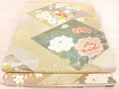 平和屋着物◎六通柄袋帯　唐織　鴛鴦花文　金銀糸　正絹　逸品　AABJ0466yx
