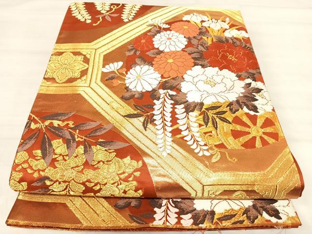 平和屋着物◎六通柄袋帯　唐織　蜀江花車文　金糸　正絹　逸品　AABJ0467yx