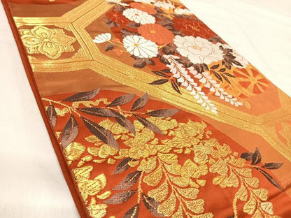 平和屋着物◎六通柄袋帯　唐織　蜀江花車文　金糸　正絹　逸品　AABJ0467yx