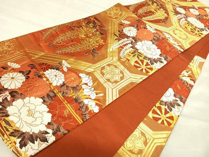 平和屋着物◎六通柄袋帯　唐織　蜀江花車文　金糸　正絹　逸品　AABJ0467yx