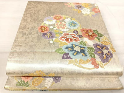 平和屋着物◎六通柄袋帯　唐織　花遊　四季花丸文　金銀糸　引箔　正絹　逸品　AABJ0468yx