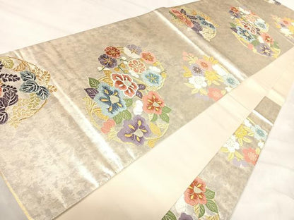 平和屋着物◎六通柄袋帯　唐織　花遊　四季花丸文　金銀糸　引箔　正絹　逸品　AABJ0468yx
