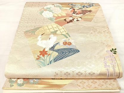 平和屋着物◎六通柄袋帯　唐織　地紙花鳥文　金糸　正絹　逸品　AABJ0471yx